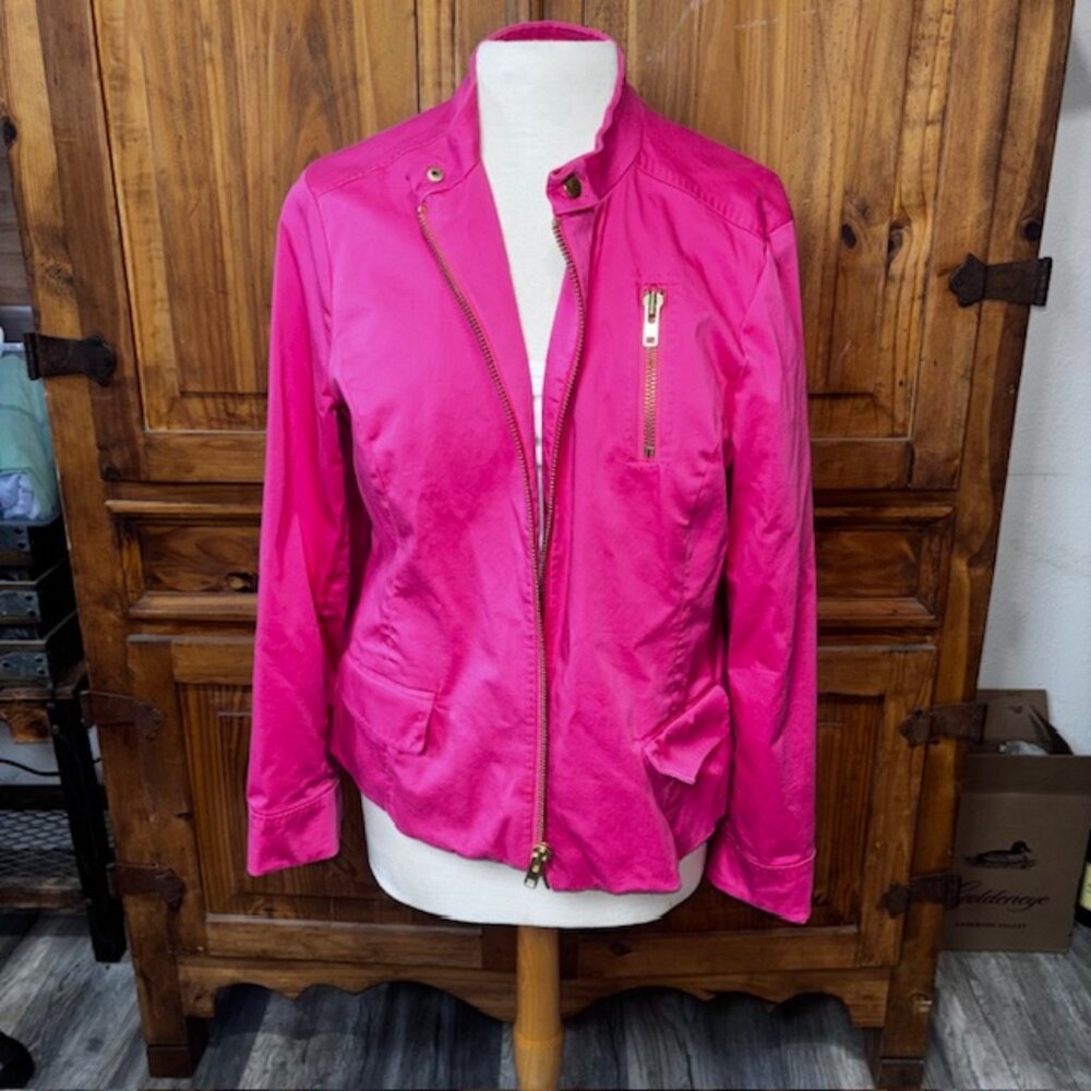 Chico’s Pink Moto Jacket Size 2 Gold Zip Lightweight Spring Blazer